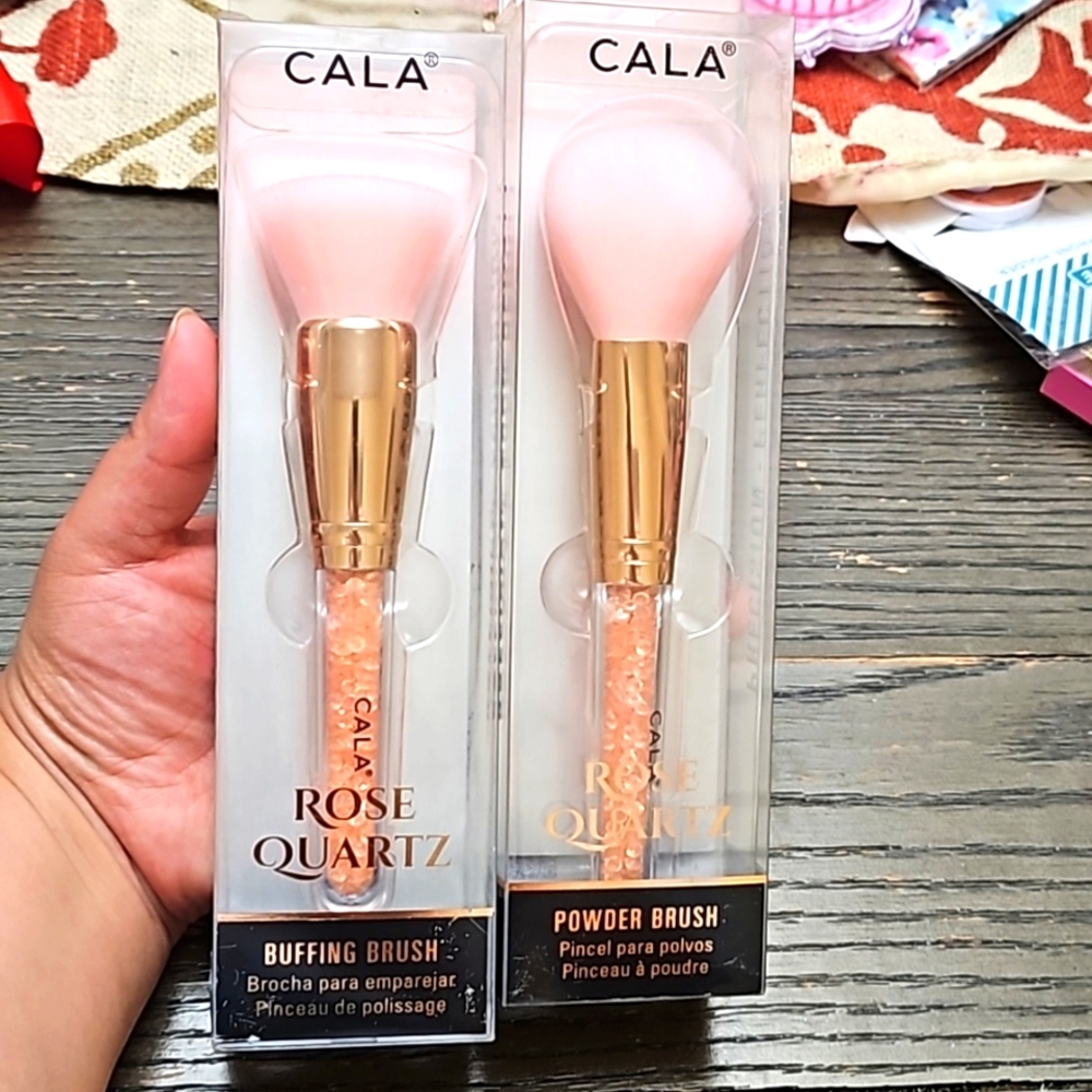 Cala-Rose Quartz, lot of 2, buffing and powder brush, pink and gold, new